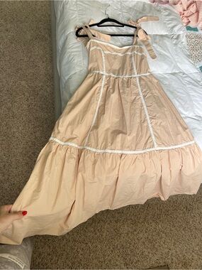 Tie-Shoulder Peach Chemise Dress with Lace Trim